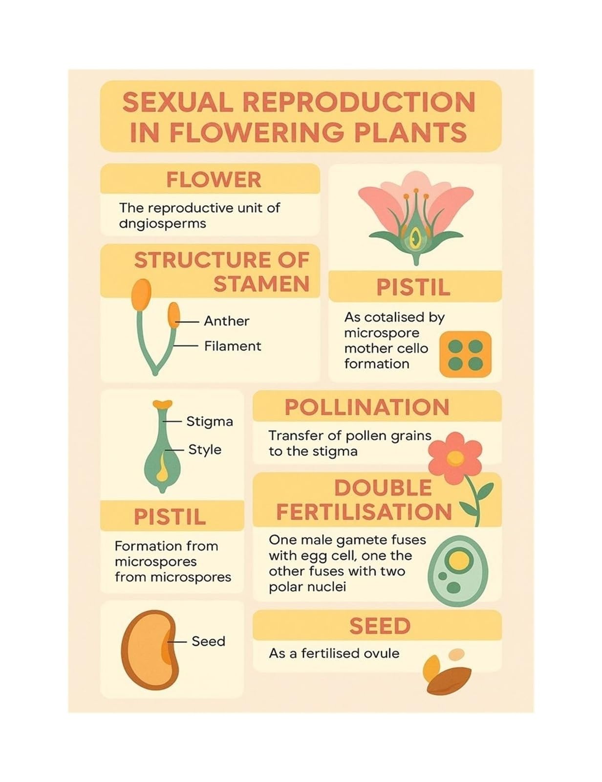 HGETJOHXEM Plant Reproduction Poster, Flowering Plants (Angiosperms) Life Cycle & Fertilization Chart, Science Classroom Decoration & Learning Tool(Unframed,16x24inch(40x60cm))