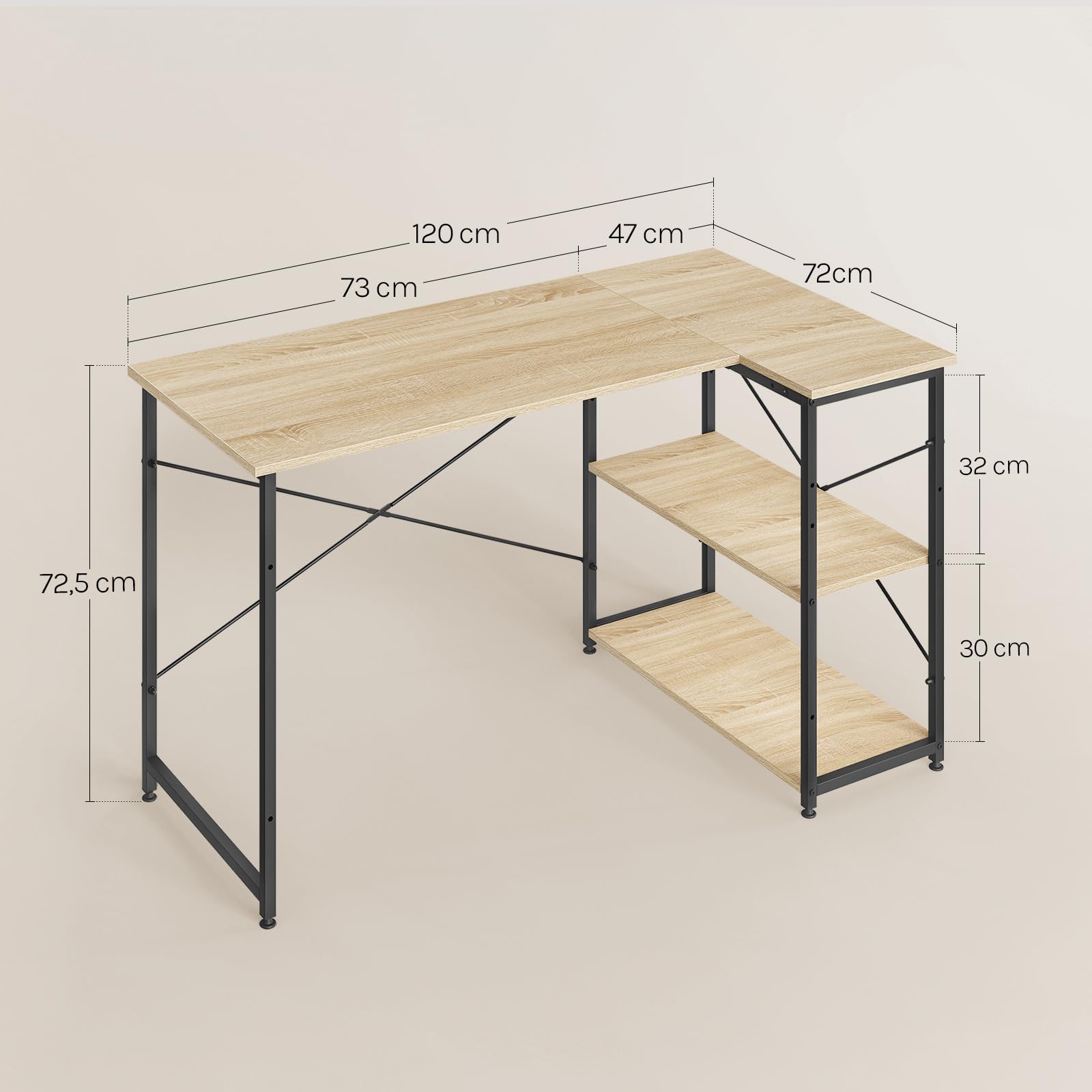 WOLTU Scrivania Ufficio a L Compatta, Rovere | con Libreria Integrata, Design Salvaspazio per Studio/Camera, 120x73x72 cm Naturale e Nero