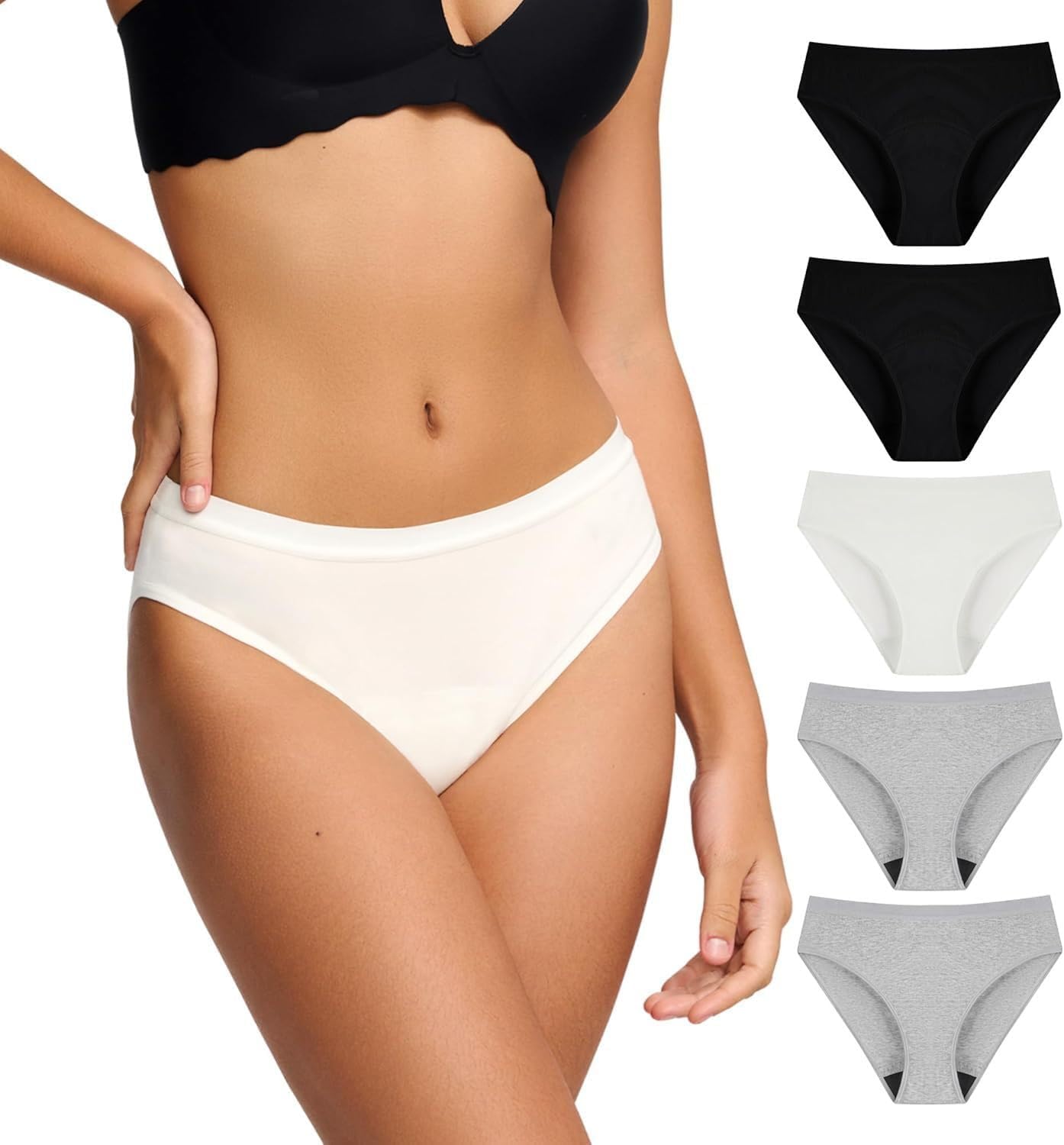 BATTEWA Womens Leak Proof Underwear Light Incontinence Bikini Panties Reusable Odor Control Protective Briefs for Ladies Teens 40ml (Multicolor, L, 5 Pack)