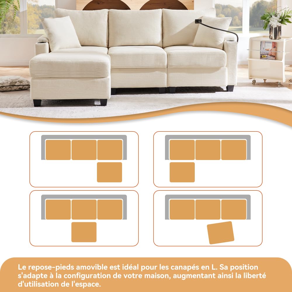 Canapé Convertible 3 Places en L avec USB C, Canapé d'angle Convertible avec Repose-pieds et Porte-Gobelet, Canapé 3 Places avec Rangement d'accoudoir et 2 Oreillers au Salon Appt Bureau, Beige