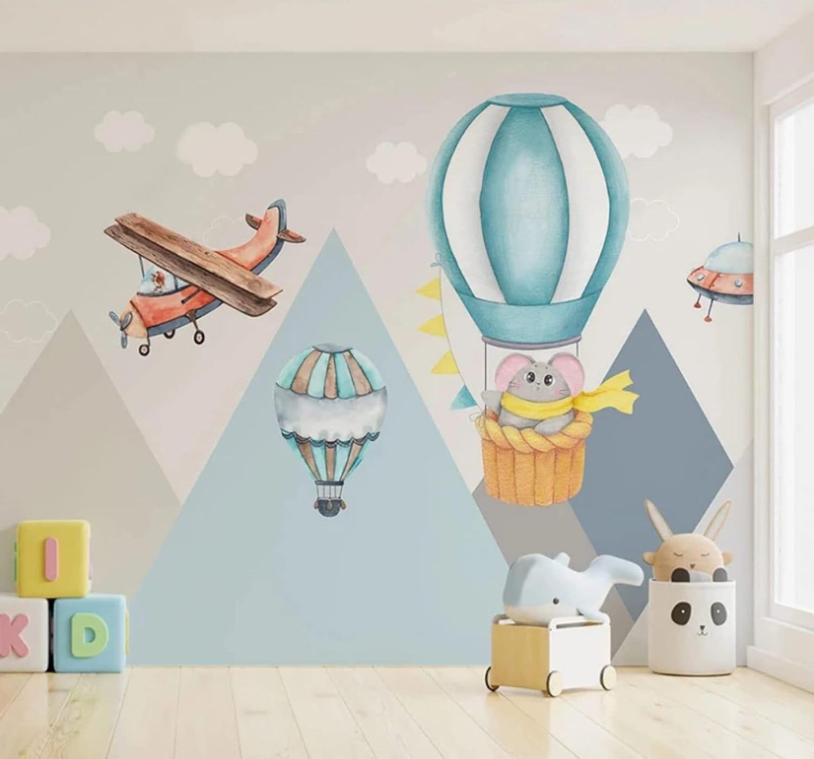 Hand Drawn Cartoon Mountains Hot Air Balloons and Aeroplanes 3D Wallpaper Easy Install Feature Office Living Room Sofa Bedroom TV Background Wall Decoration-150cm×105cm