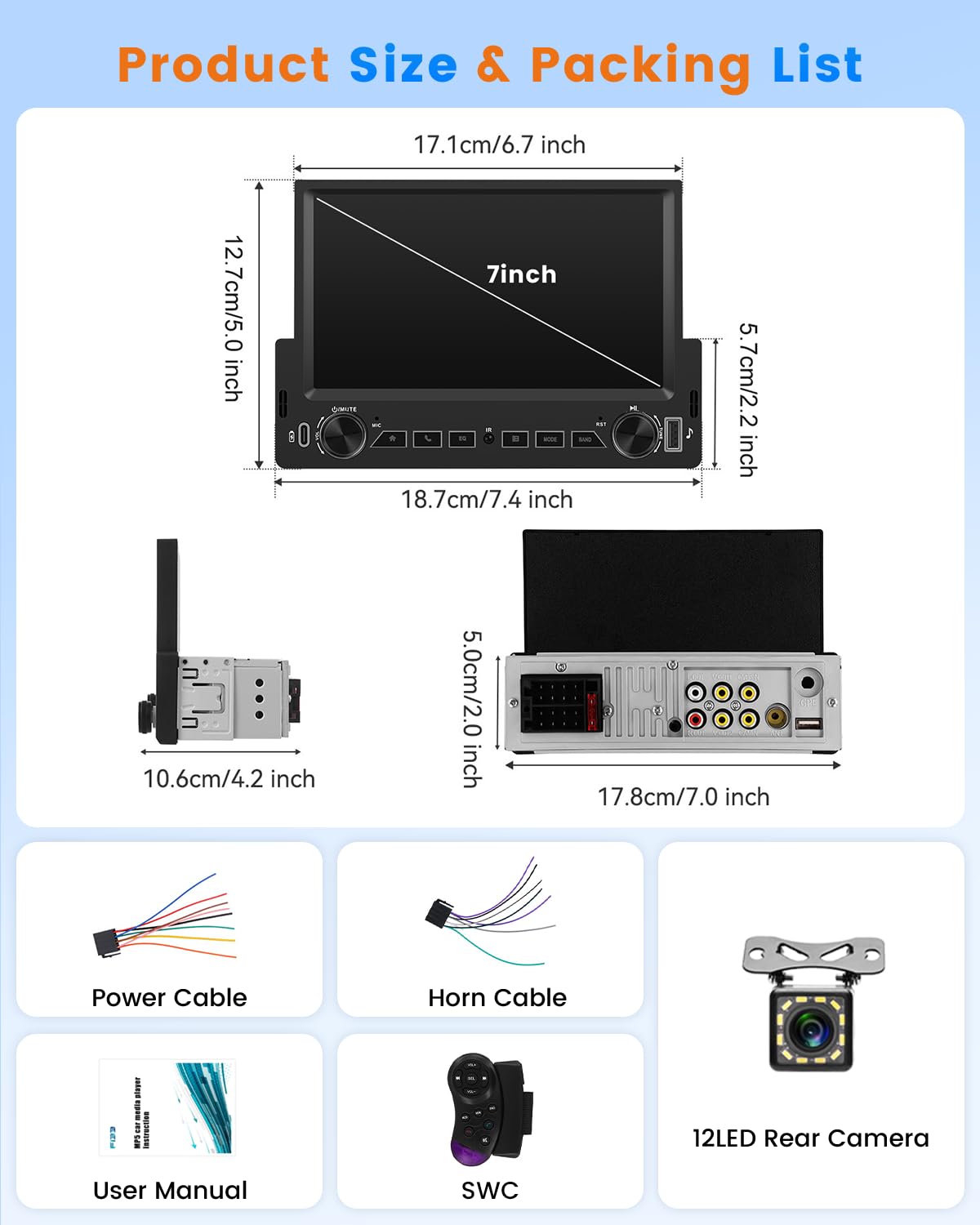 Hikity Autorradio FM Android 1 DIN Compatible con CarPlay inalámbrico y Android Auto, Radio con Pantalla táctil HD de 7 Pulgadas Mirror Link Bluetooth SWC USB cámara y función de Carga