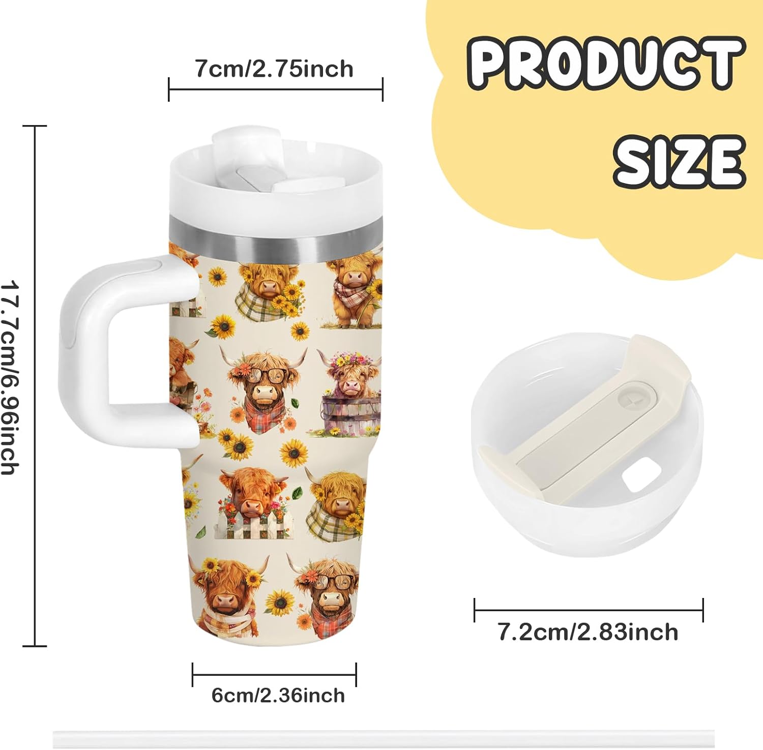 Highland Cow Gifts - 14oz Kids Highland Cattle Yak Tumbler with Handle and Straw, Stainless Steel Insulated Water Cup, for Boys & Girls, Travel - Farm Animal Cow Children Birthday Gift Cup(1pc) - Image 3