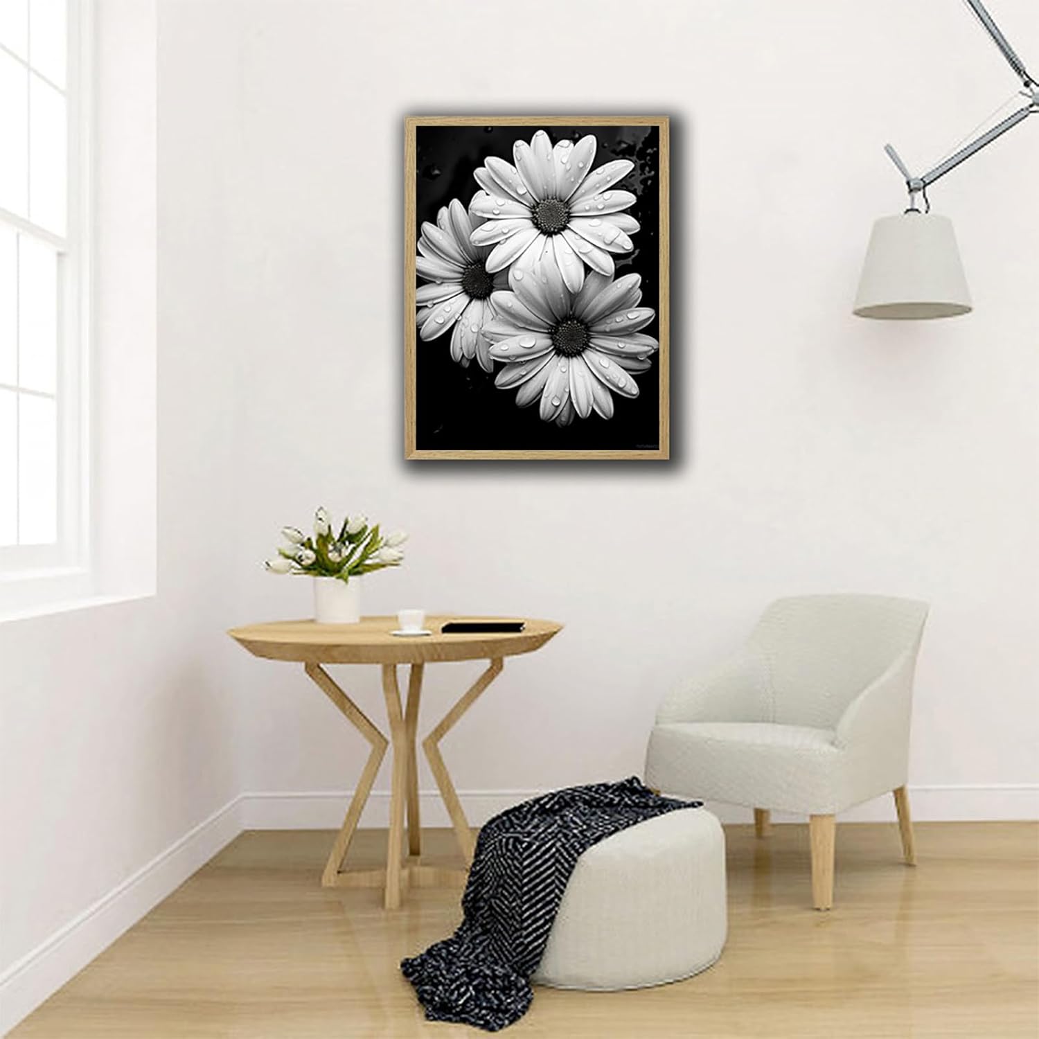 TUTUMAY21 DIY 5D ダイヤモンドアートペインティングキット 大人用 黒と白のデイジーフラワー ラウンド フルドリル キ