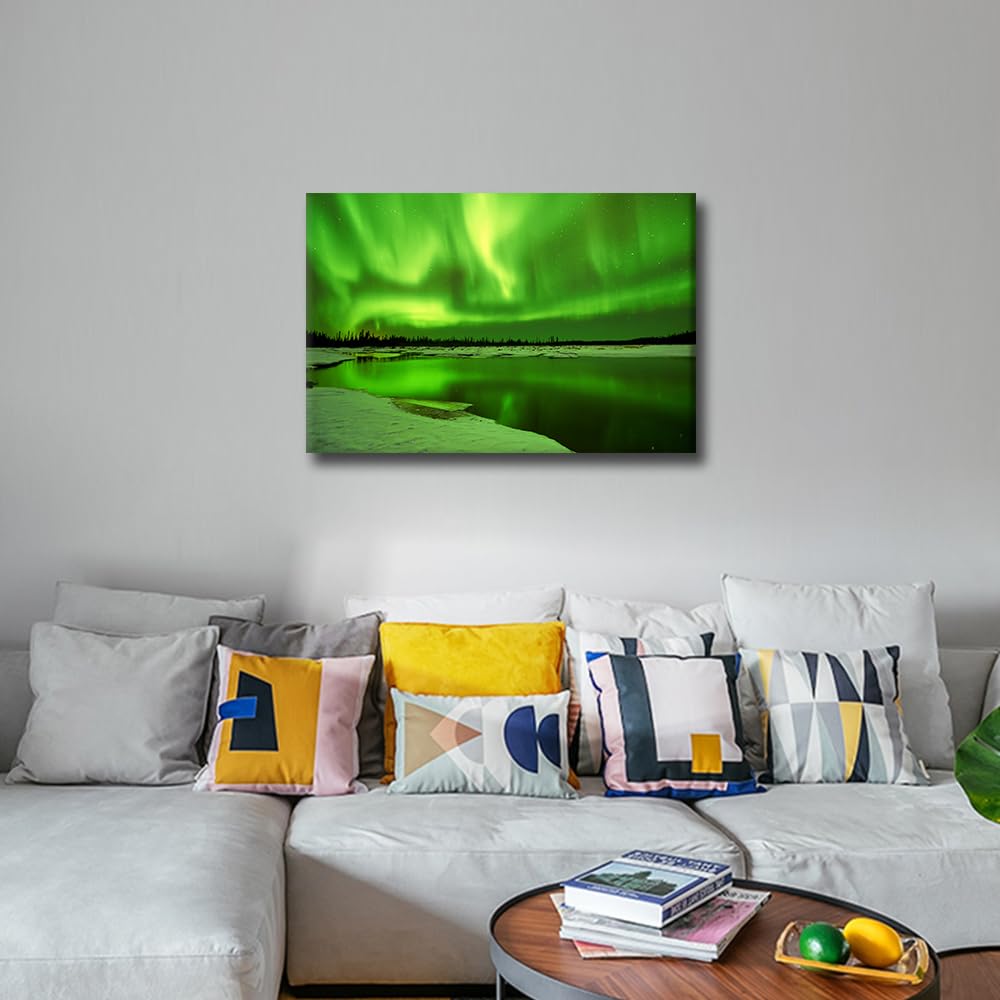 TISHIRON Green Aurora Borealis Wall Art Natural Landscape Pictures Print On Canvas Alaska Modern Artwork Wall Art for Living Room Office Giclee Gallery Wrapped Posters Framed Ready to Hang - Image 4
