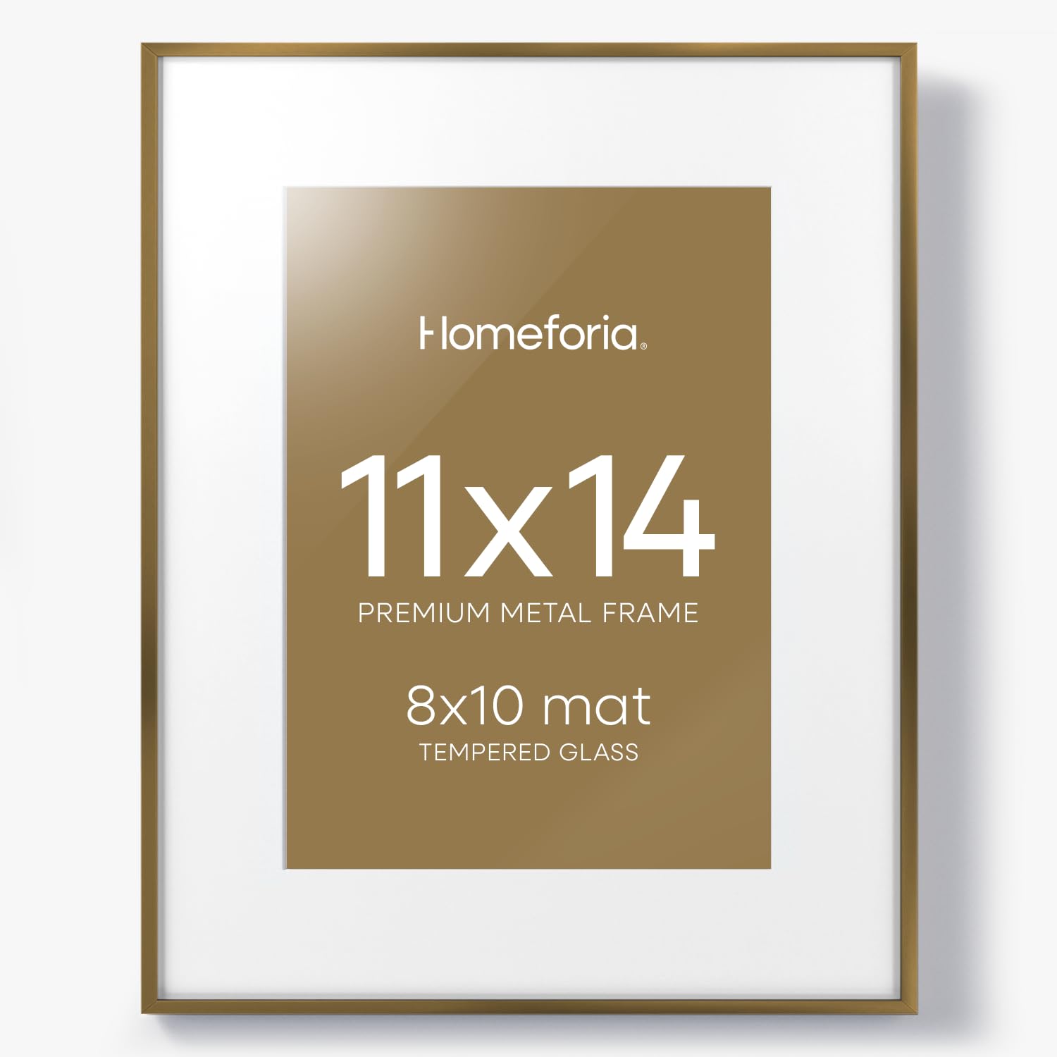 Homeforia 11x14 Bronze Picture Frame, High End Metal 11x14 Brass Frame with Mat 8x10, 11 x 14 Poster Frames Matted to 8 x 10 inch Photo, 11 by 14 Bronze Thin Frames, Tempered Glass, Wall Kit, Set of 1