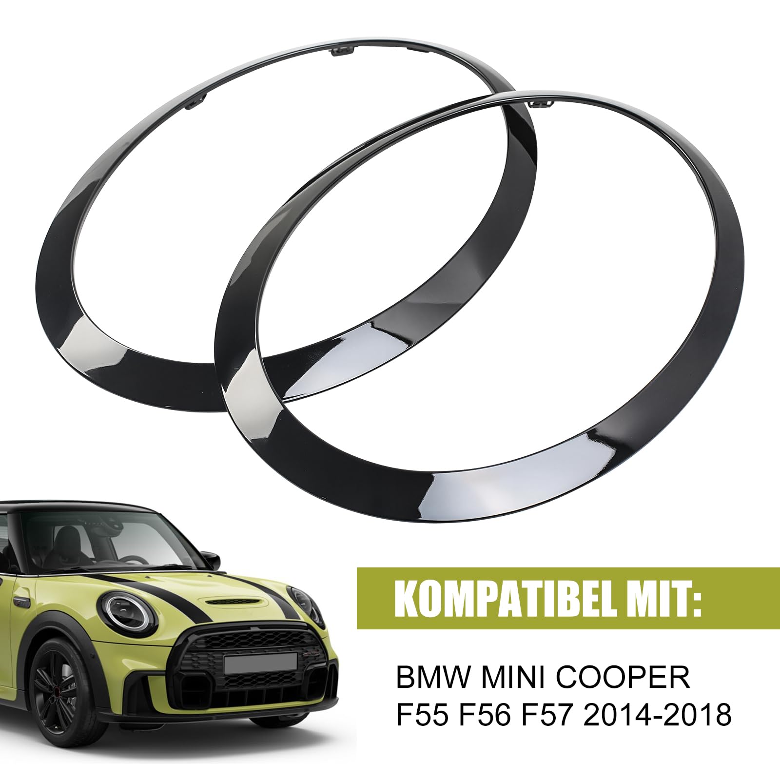2 piezas de mini anillo decorativo para faros, tiras de cubierta de faros de repuesto para autos. Compatible con BMW Mini Cooper 14-21 F55 F56 F57, 51137300631 51137300632 51712355791