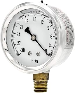 PIC Gauges S201L-254N Bottom Mount Glycerin Filled Single Scale Pressure Gauge w/ SS Case/Bezel, Brass Internals, Plastic Lens, 2.5" Dial, 30"/0 hg Vacuum psi Range, 1/4" Male NPT