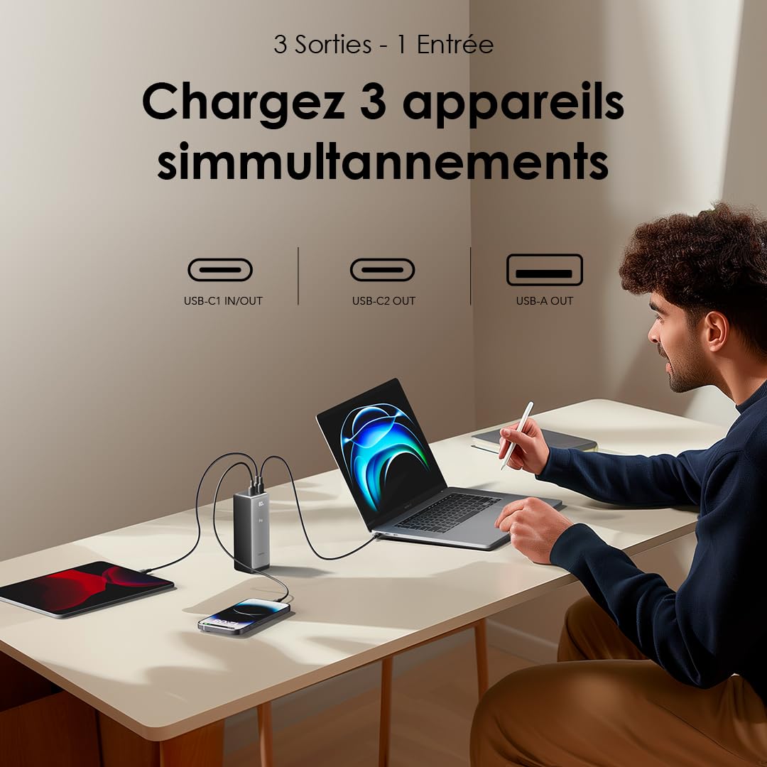 oraimo PowerJet 130 - Batterie Externe Puissante 130W 27600mAh - Power Bank Haute Capacité Recharge Rapide avec 3 Ports USB-C PD 100W et Écran Numérique LED, Conforme pour Avion