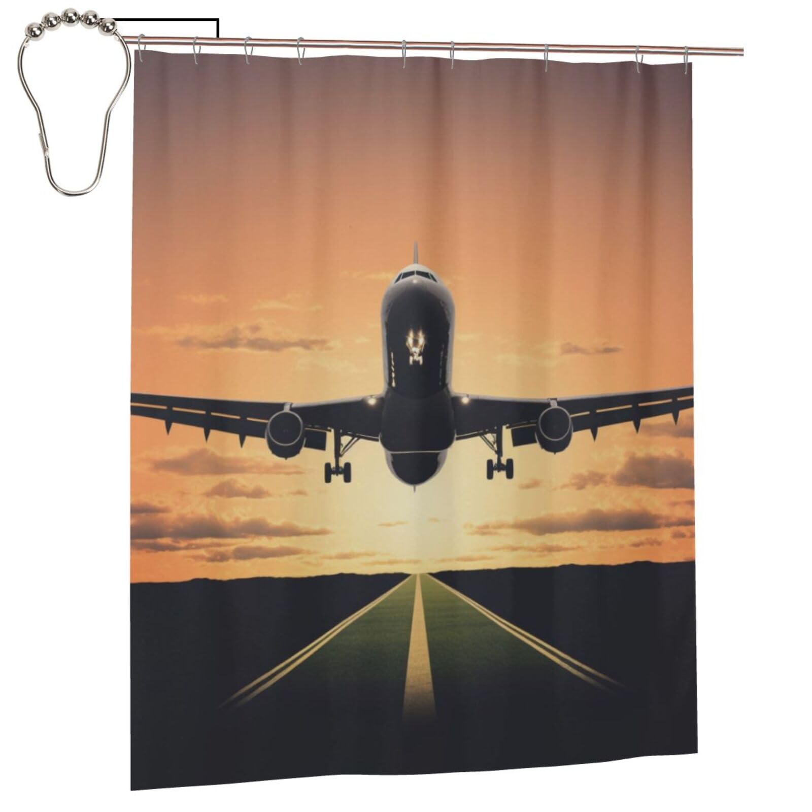 BWWHCCTI Airplane Printed Shower Curtain With 12 Iron Hooks Opaque Quick Drying Waterproof Shower Curtains Sets For Bathroom 152x183 Cm
