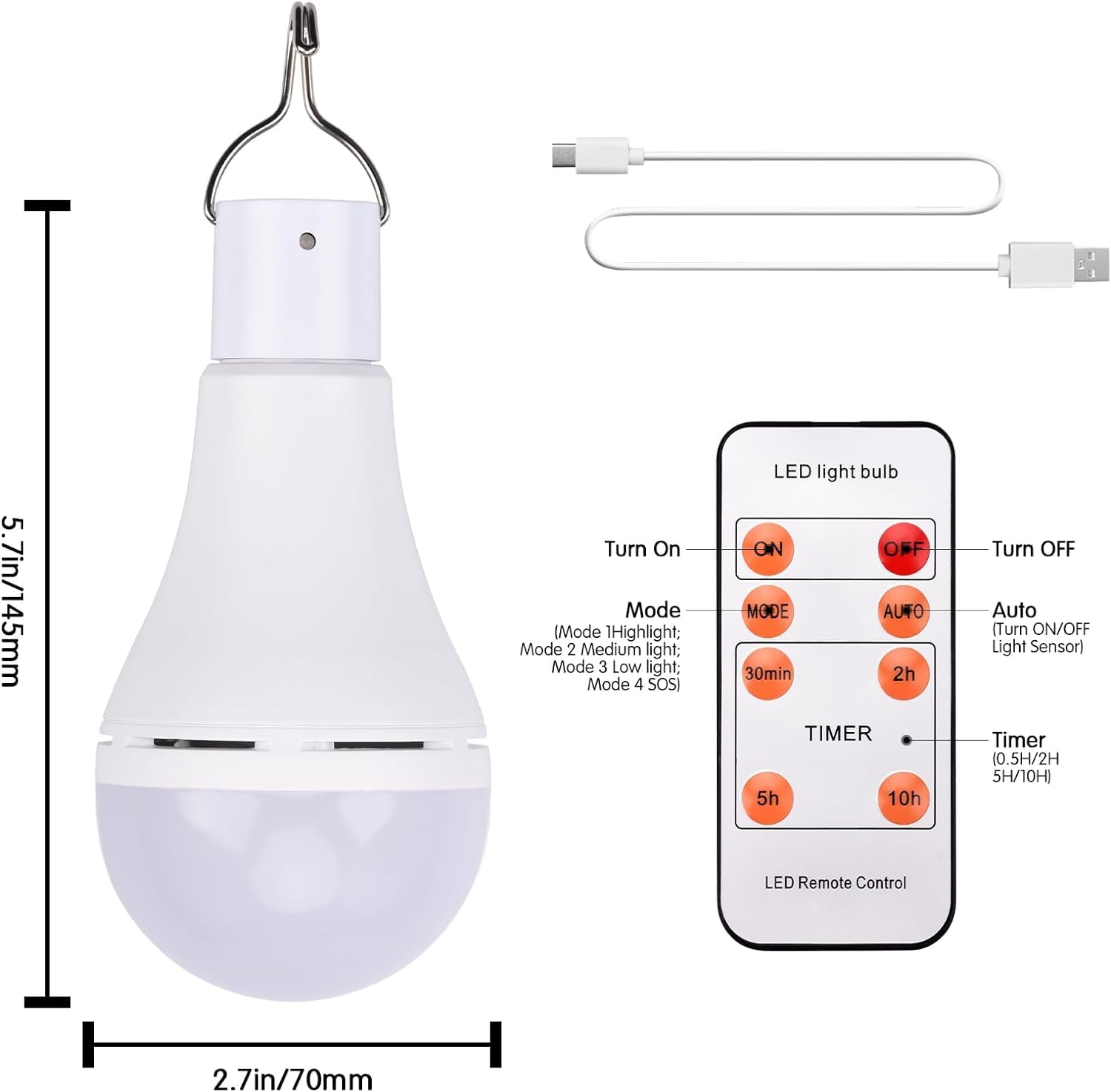 HONGNIX 2 Pezzi Lampadine LED Ricaricabile USB 9W Lampadina Bianco Portatile con Pulsante Regolazione a Cinque Velocità con Telecomando per la Temporizzazione,con Gancio per Tenda da Campeggio Pesca