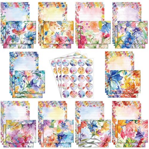 Image of TaoBary 160 Pcs Stationery Paper Set 50 Double Sided Stationery Papers with 50 Matching Envelopes and 60 Round Dot Sticker, 10 Design(Bright Floral,5.5 x 8.25 Inch)