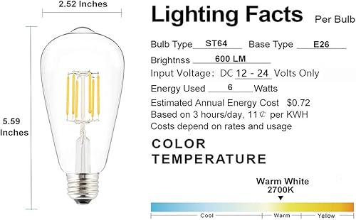 Miniatura 8 de OPALRAY Bombilla LED de entrada de 12 V 24 V CC de 8 W, estilo ST21 (ST64), regulable con atenuador de 12 V CC, luz blanca neutra brillante de 4000