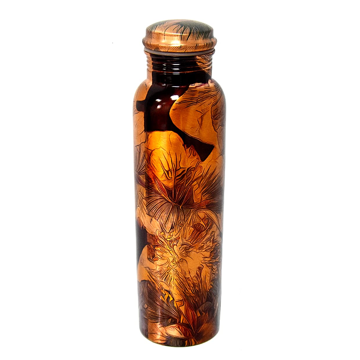 Divine CopperPure Copper Hibiscus Flower Print Design Copper Vessel Leak Proof Water Bottle Tumbler 900ml, BT-D1
