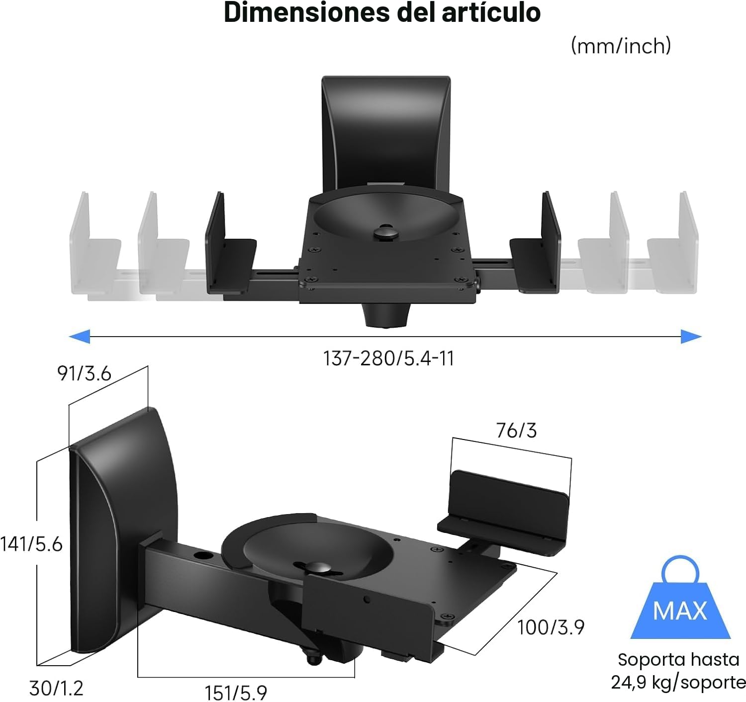 suptek 2 Soporte de Pared para Altavoces, Universal Soporte Altavoces por Bose/Edifier/Hivi/JBL/Sony, Capacidad de Carga de hasta 25kg, Incline hacia Arriba y hacia Abajo & Gire - SPM201