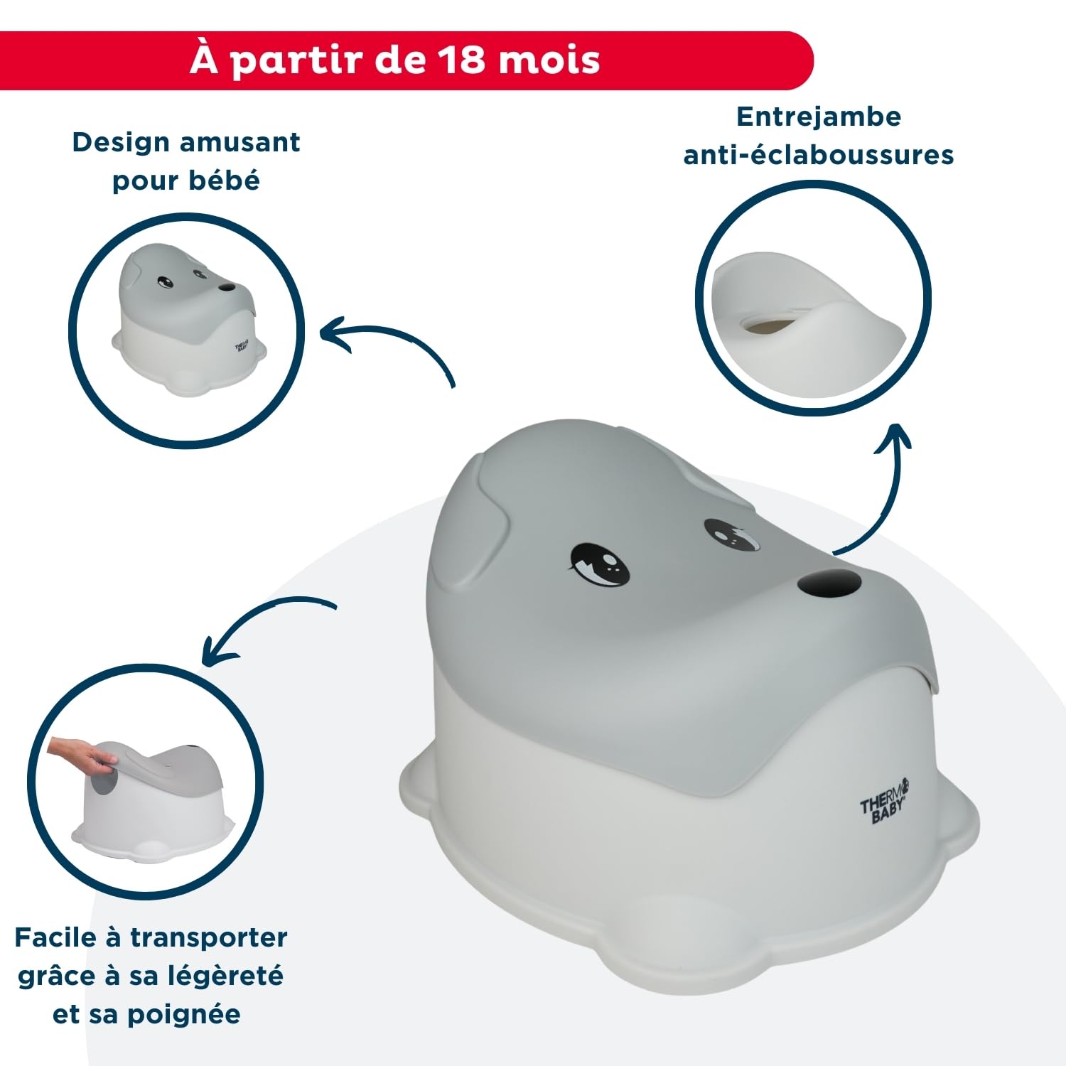 THERMOBABY - Zabawny garnek dla psa - Doniczka dla niemowląt - Toaleta dla dzieci - Słoik do nauki nocnika - Praktyczny - Wygodny - Łatwy do czyszczenia - Szary - 18+ miesięcy