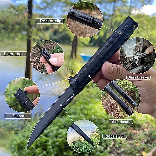 Foresail Flipper Pocket Folding Knife,Dc53 Steel Blade And G10 Handle. With Pocket Clip And Glass Breaker,Men's Pocket Knife Hiking Trip Edc Tool Knife (B-Black Pvd Blade) #TOP2