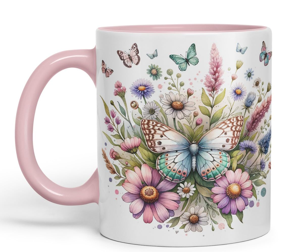Vixar Butterflies and Wildflowers Coloured Mug Cup Floral Garden Nature Gift 11oz (Pink)