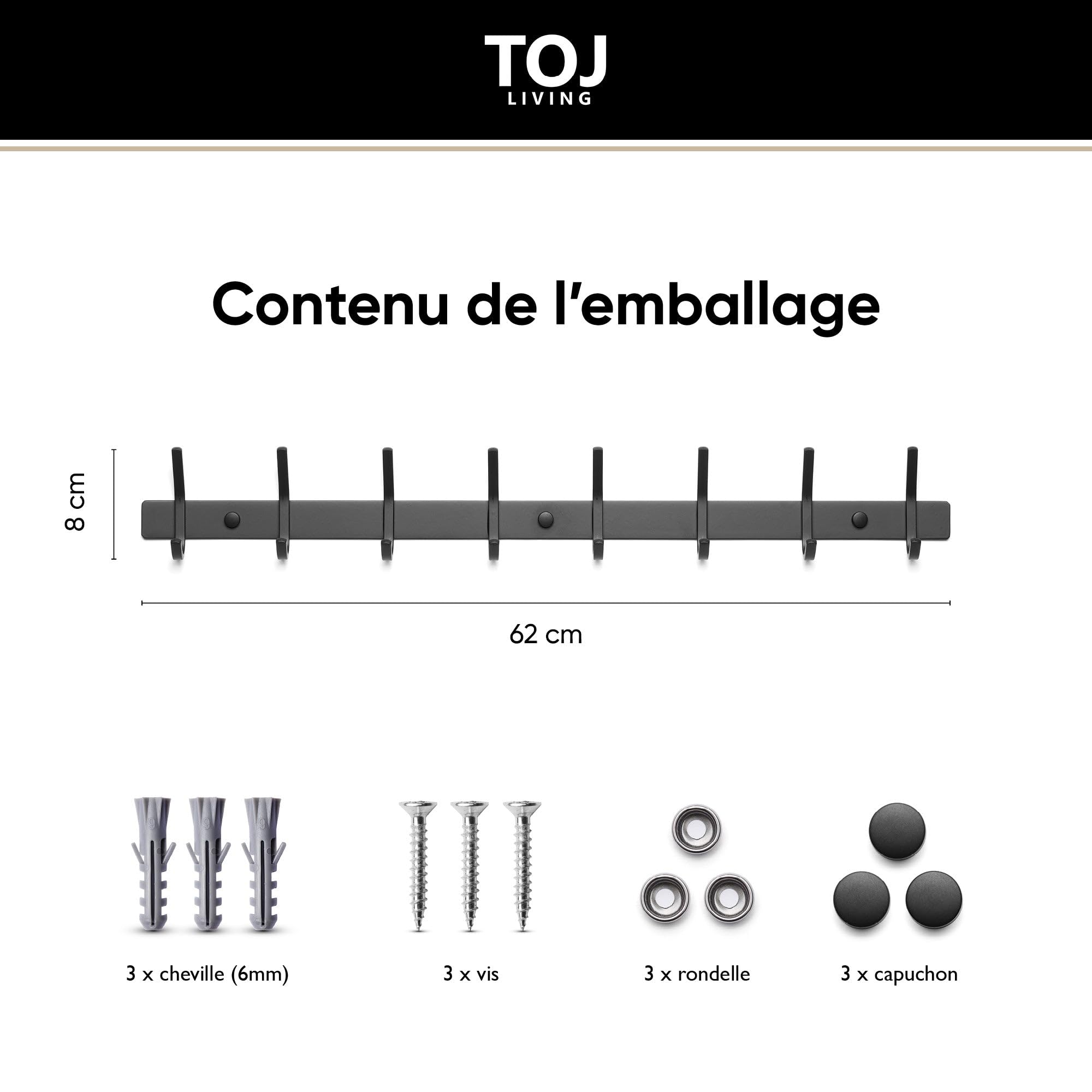 TOJ Appendiabiti da parete con 16 ganci - Appendiabiti da parete - Cornice appendiabiti in acciaio inox - 62 cm - Nero opaco