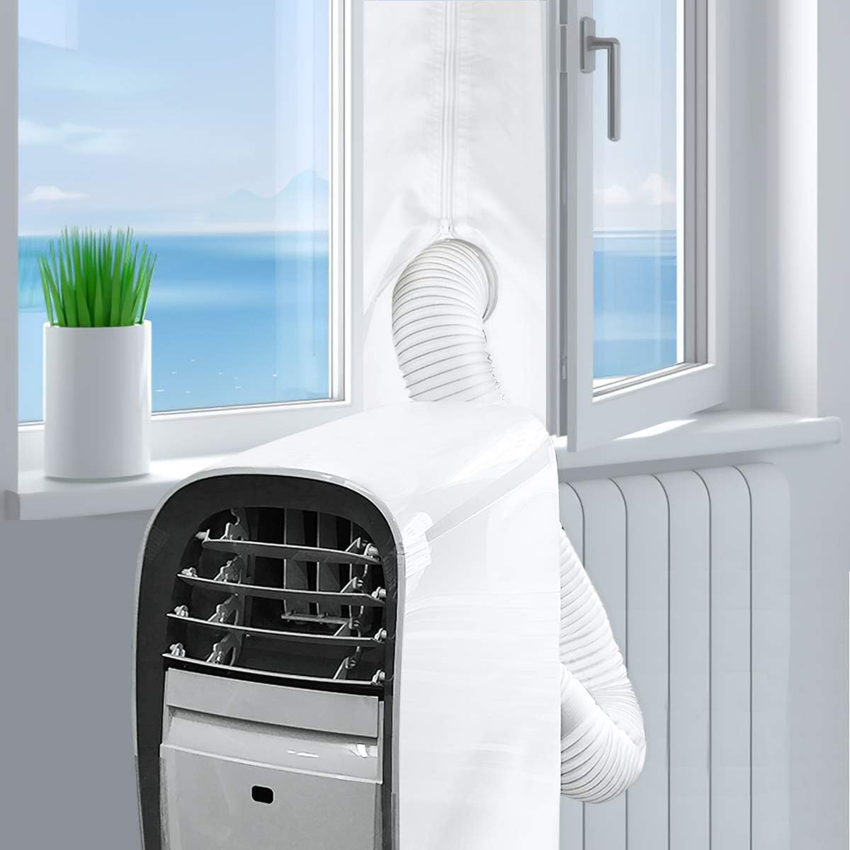 AGPTEK 400CM Tissu de Calfeutrage Fenêtre pour Climatiseur Mobile Sèche-Linge et Déshumidificateurs, Kit Joint de Fenêtre Étanche Installation Facile avec Fermeture à Glissière et Ruban Adhésif