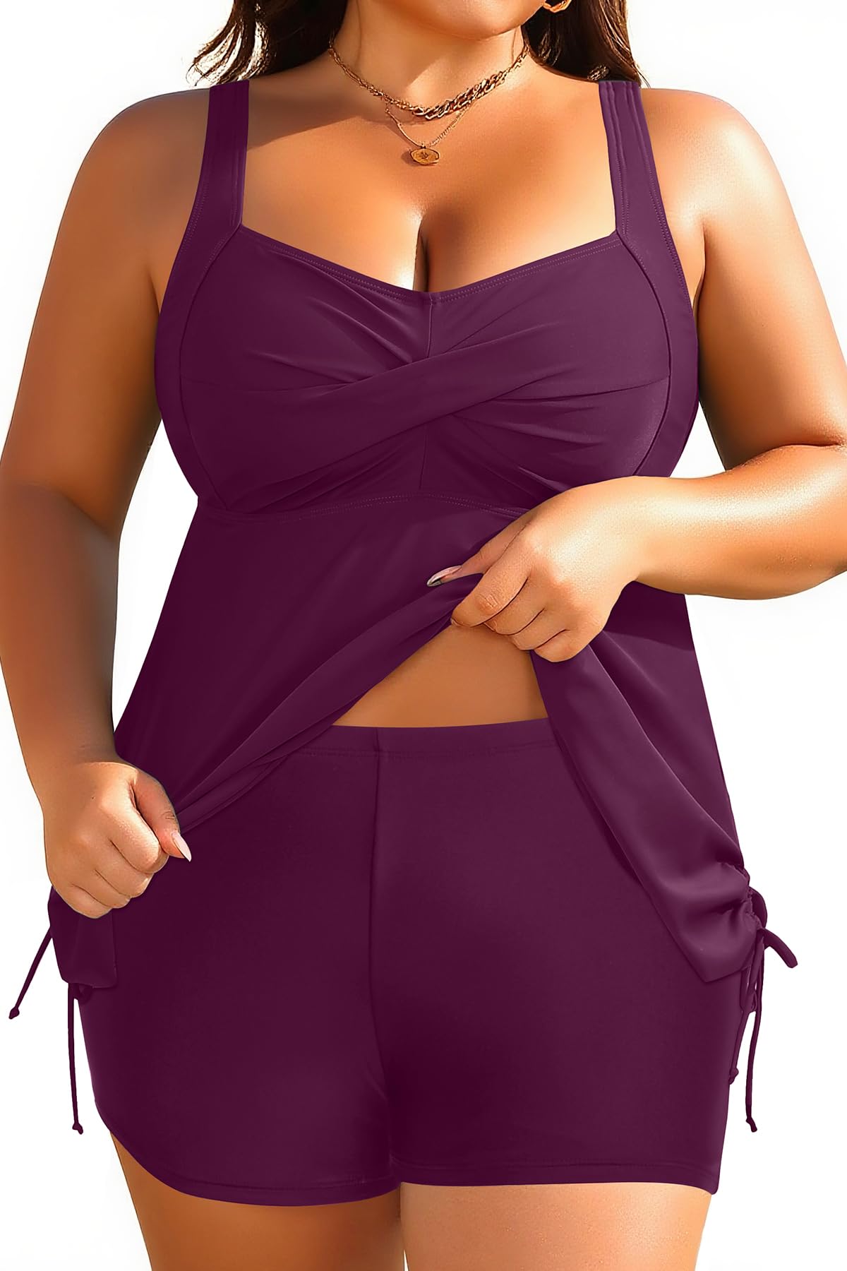 Women Plus Size Tankini Swimsuit Two Piece Flowy Swimdress with Shorts Wine Red XL-image-30