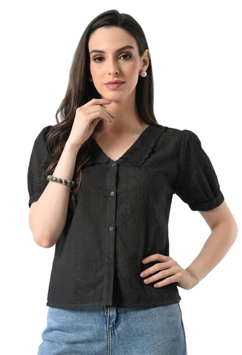 Women's Black Eyelet Embroidered Blouse with Scalloped Collar, Puff Sleeves, Cotton Blend, Regular Fit, Button-Down-picture-19