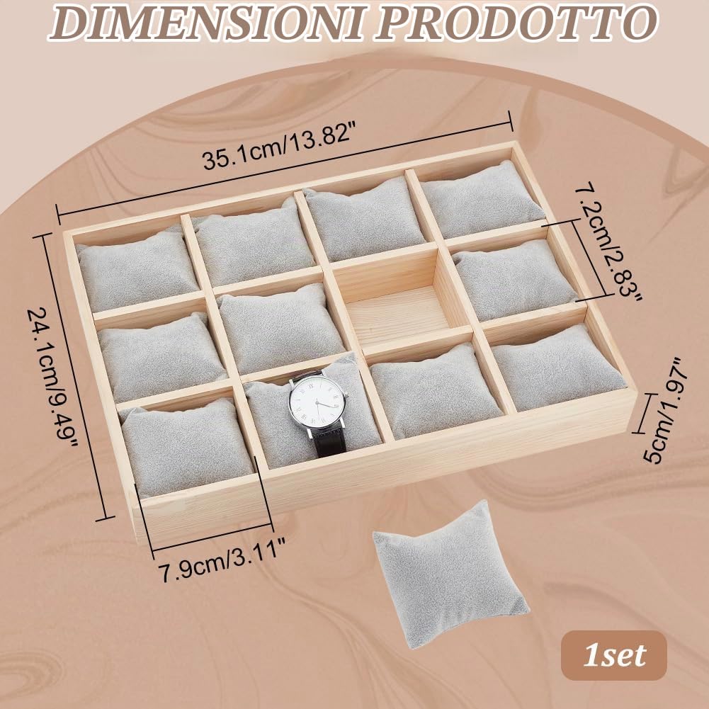 PH PandaHall Vassoio Porta Orologi In Legno con 12 slot per Espositore per Orologi con Cuscini Rimovibili In Velluto, Vassoio Porta Bracciale per Vetrina Espositiva per Orologi Da Cassetto, Grigio
