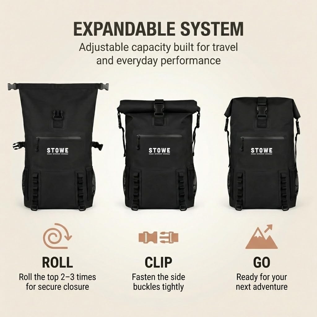 STOWE Expandable Waterproof HikingTravel Backpack, Laptop Compartment, Luggage Strap, Anti-Theft Design, Personal Item Bag (Black)