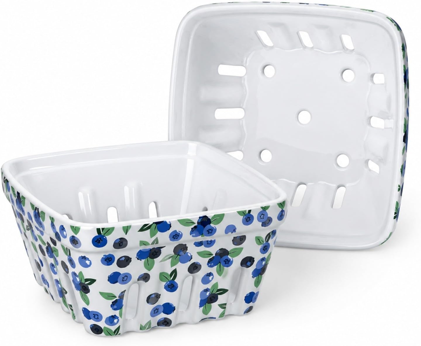 KXZ Ceramic Berry Baskets, Set of 2, 6.1-Inch Colander Bowls with Drain Holes, Blueberry Design for Washing and Serving Fruit