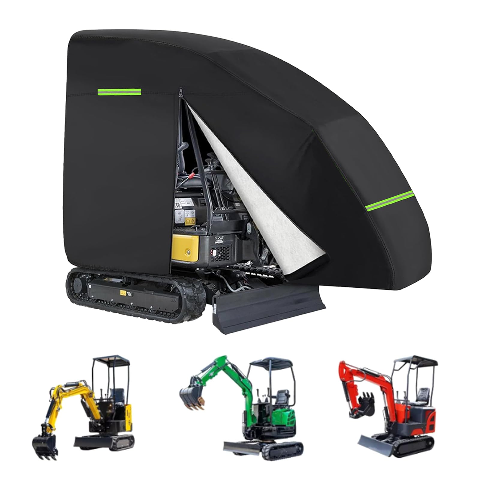 Copertura per escavatore, mini escavatore, 800-1600 kg, impermeabile, tessuto Oxford 420D, con chiusura lampo, strisce riflettenti, orlo elastico, pioggia, polvere, foglie, protezione UV (nero)