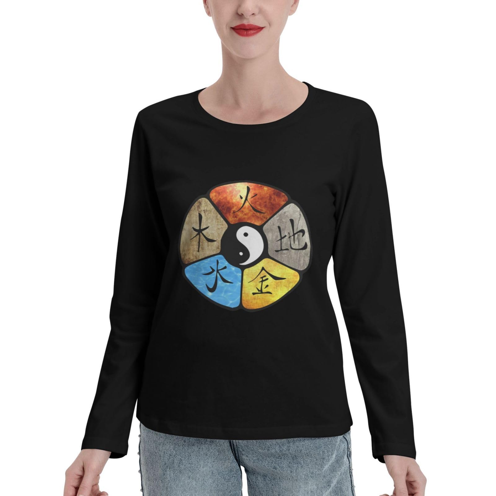 Womens Long Sleeve Cotton Crew-Neck T-Shirt Chinese-Kung-Fu-Wushu-Tai-Chi Casual Basic Tops Blouse