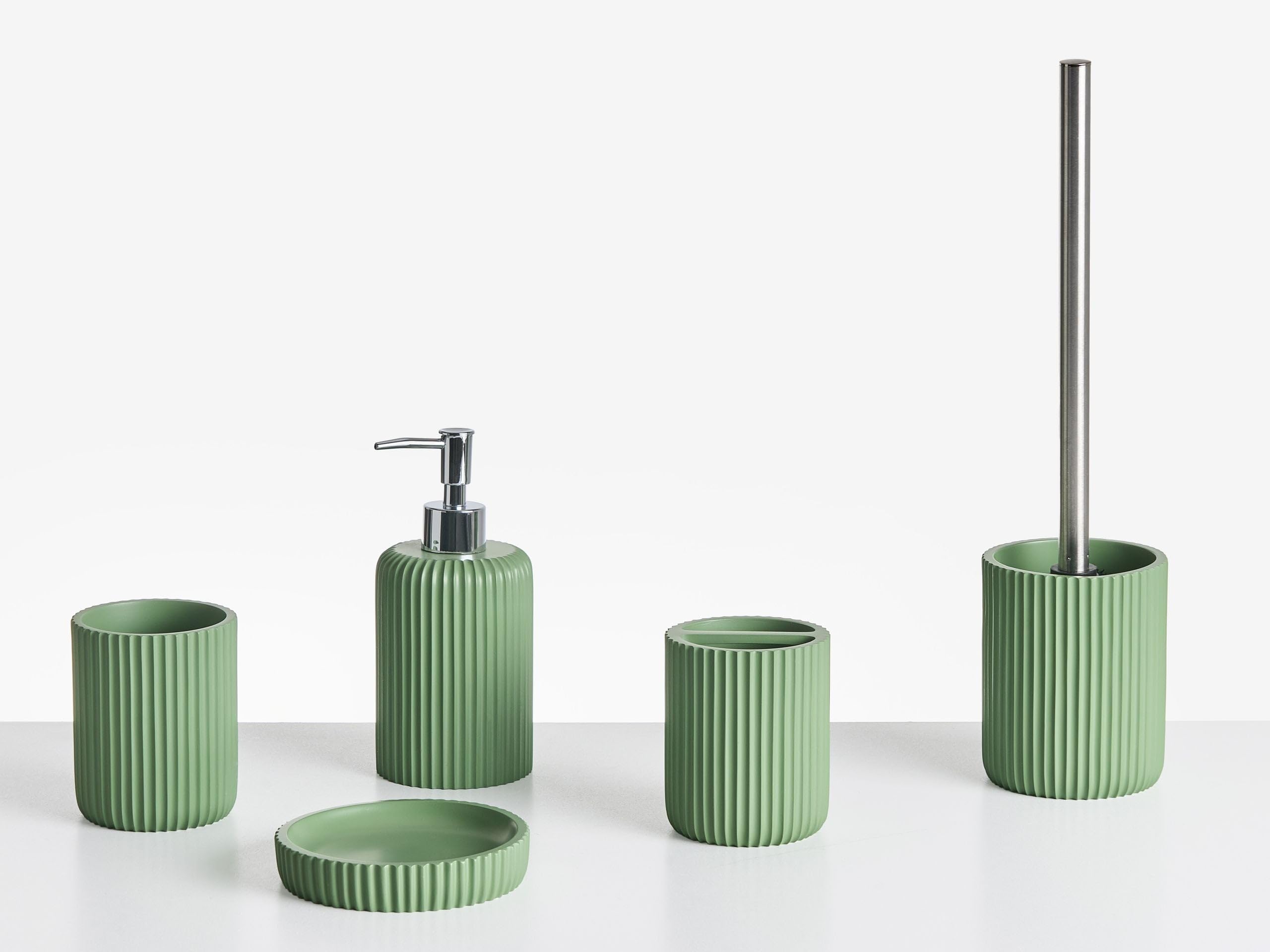 Conjunto de 5 Accesorios de baño jabonera dispensador de jabón escobilla de Inodoro Vaso Soporte para cepillos de Dientes Verde Camana