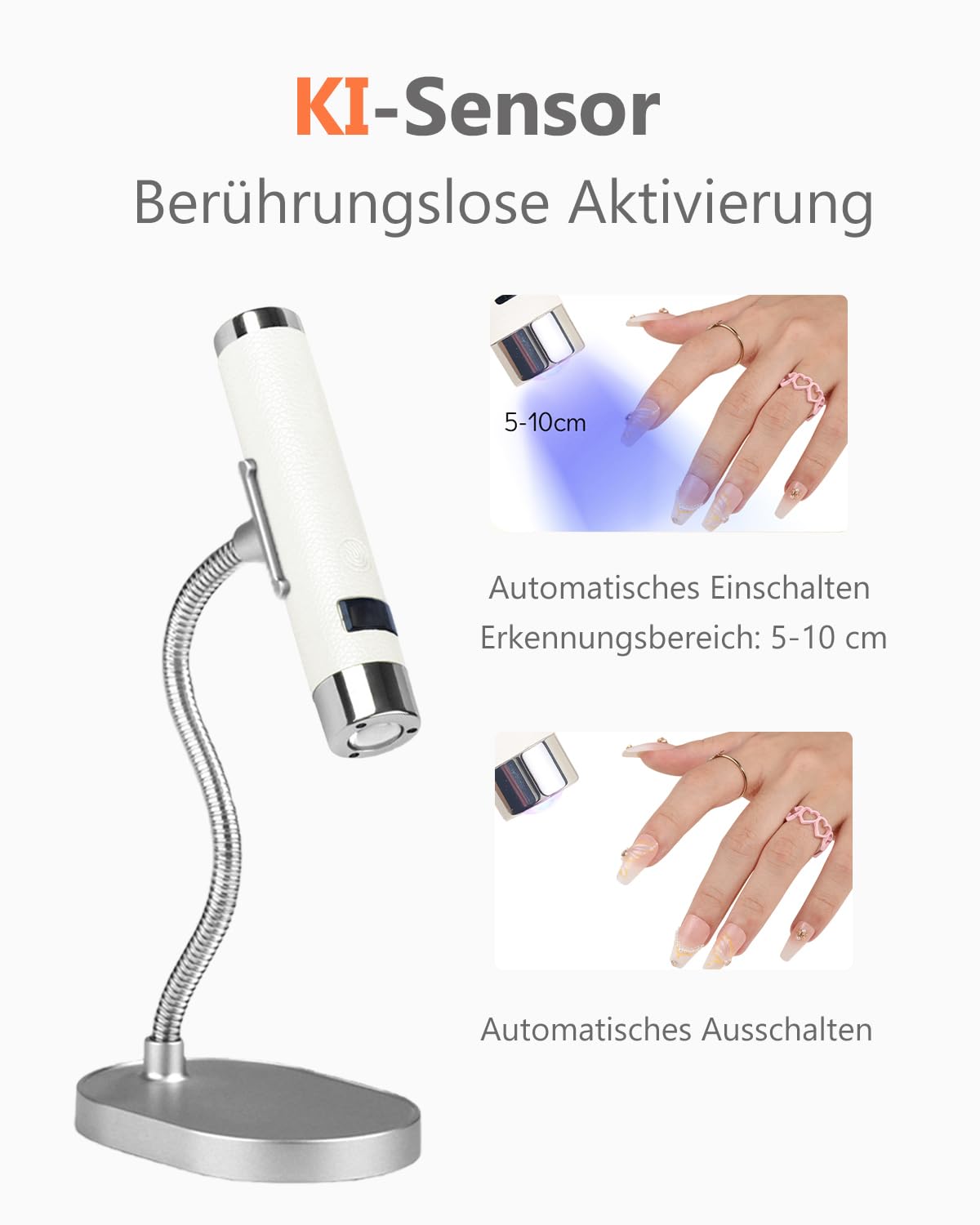 Aokitec UV Lampe für Gelnägel, AI-Sensor UV Lampe Nägel, Berührungslose Aktivierung, 800 mAh Nagellampe für Nagelkleber Nail Tips 3D Gel Nail Art, UV LED Lampe für Nägel Selber Machen Nagelstudio,Weiß