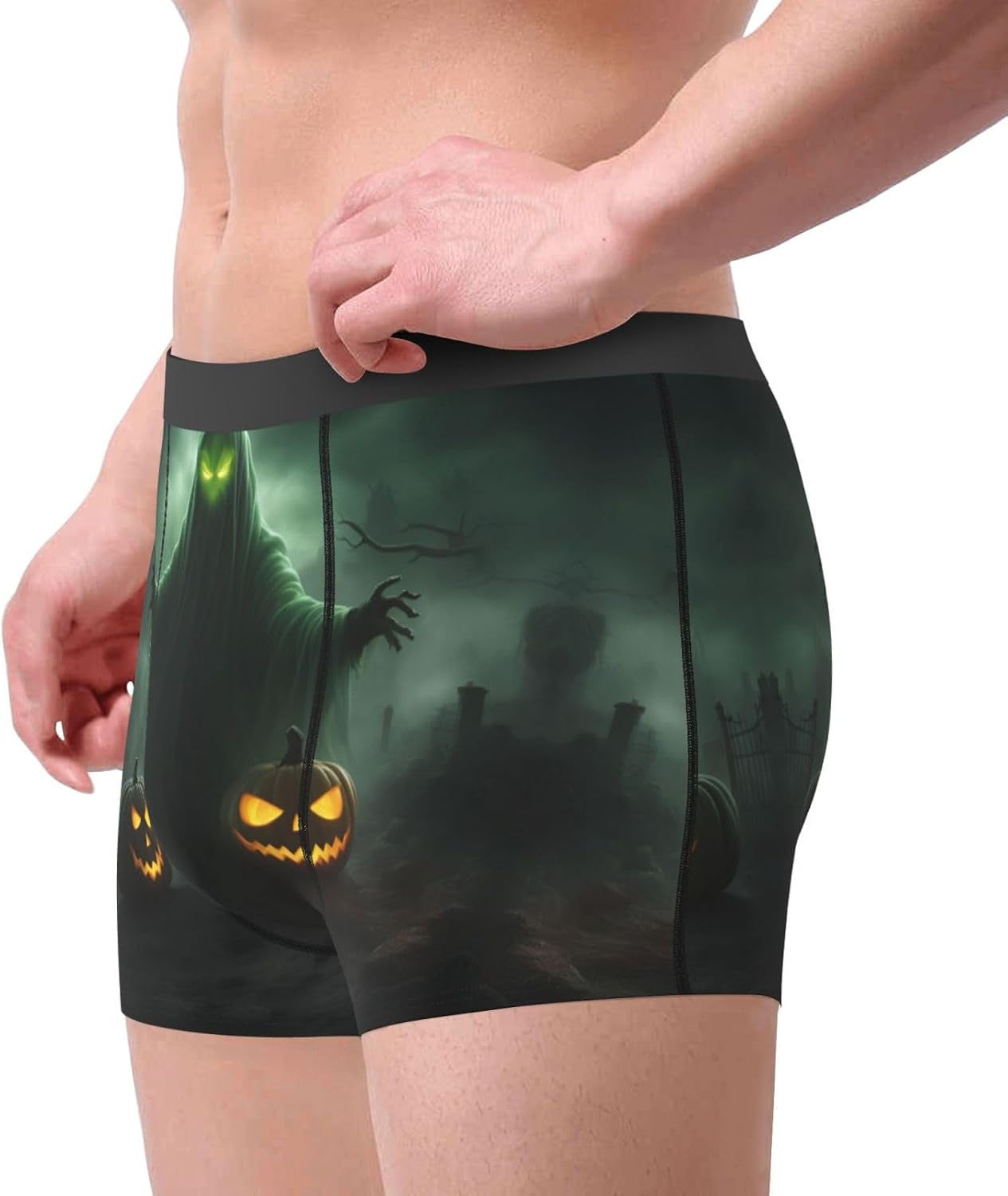 Green Ghost Horror Halloween Pumpkin print Men's boxers, men's stretch leggings shorts Soft breathable boxer underwear