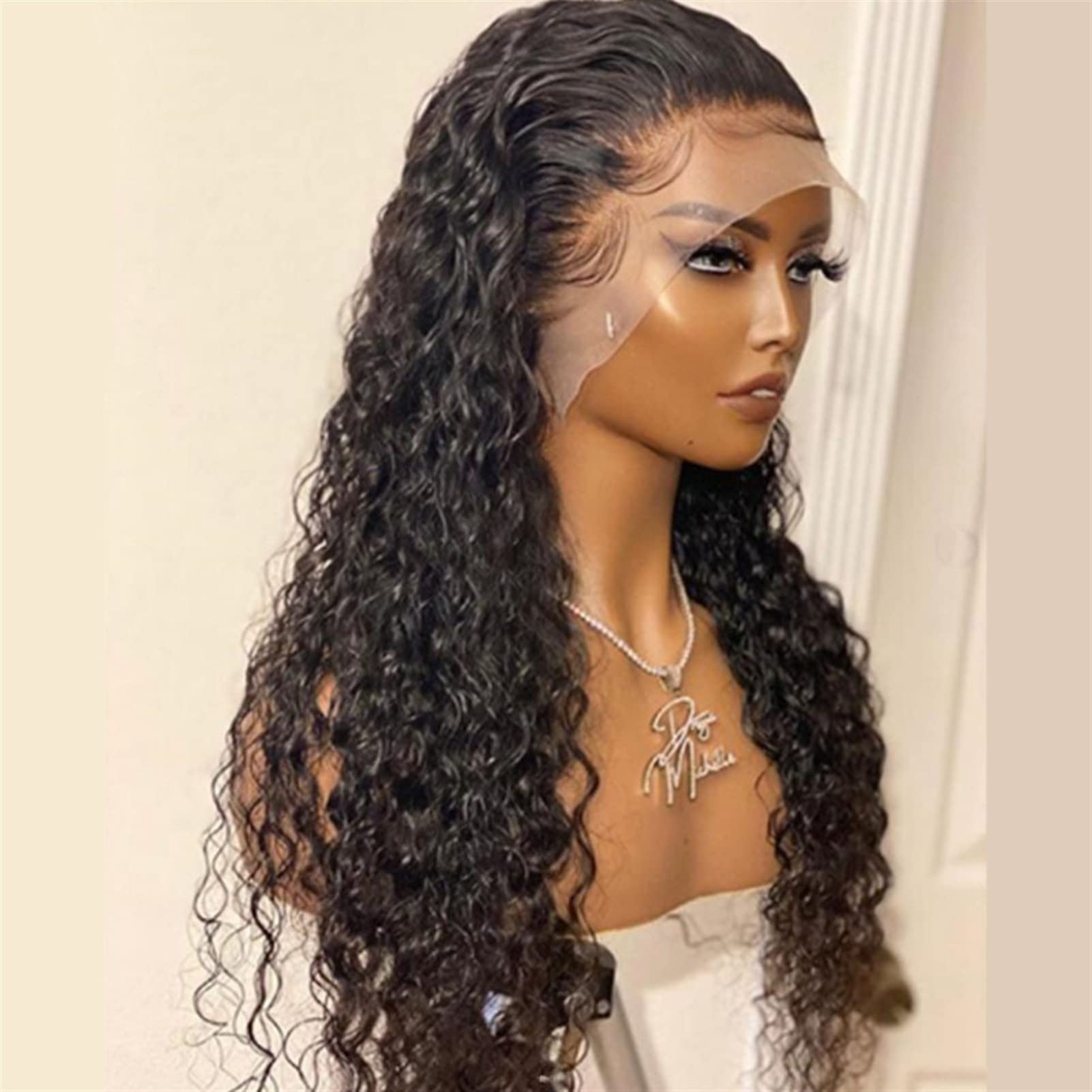 Parrucca sintetica in pizzo con capelli del bambino anteriore in nero riccio crespo lungo morbido for donne nere in fibra Pre-pizzicata Linea sottile naturale senza colla(26inches)