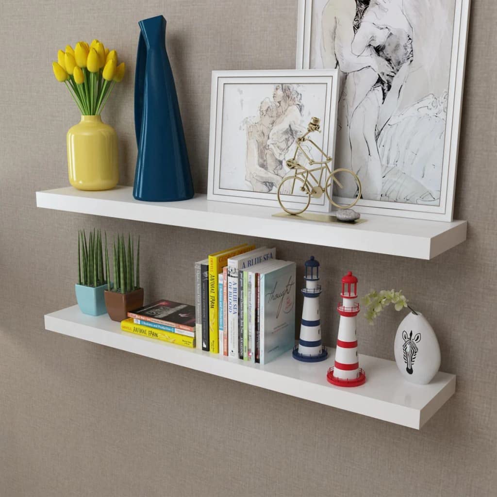 Półki ścienne 2 szt. z płyty MDF w kolorze białym, zestaw regałów wiszących z niewidocznym uchwytem, 100 x 20 x 3,8 cm, 5 kg na półkę, do salonu, sypialni, kuchni, łazienki, korytarza, biura