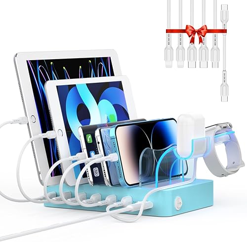SooPii Estación de carga PD de 60 W y 6 puertos para múltiples dispositivos, 20 W PD USB C carga rápida para lPhone 141312, 6 cables cortos