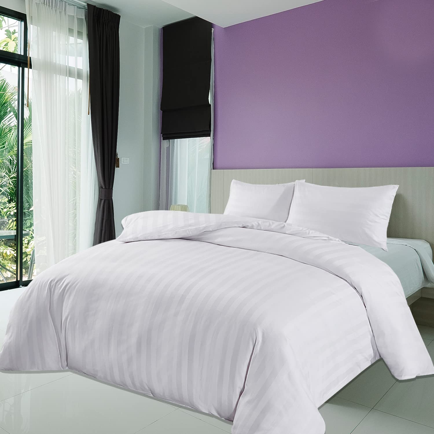 Housse de couette satin de coton blanc 300 TC lit Super King avec rayures Trimming Shop