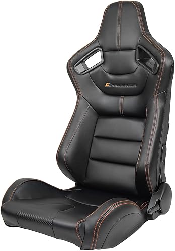 IKON MOTORSPORTS, Asientos universales de carreras con deslizadores dobles, color negro con puntada naranja PU y cuero de carbono reclinable lado