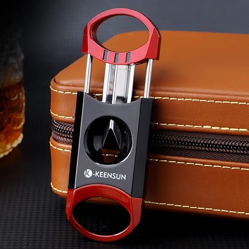 Miniatura 2 de KEENSUN Cortador de puros de corte en V de aleación de zinc (rojo y negro), calibre de 60 anillas, hoja de corte en V de acero inoxidable 420J2 y