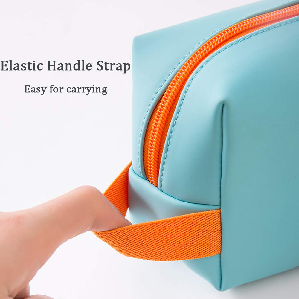 FITINI Makeup Bag Organizer Portable Cosmetic Pouch Travel Brush Holder PU Women Girls Handbag Zipper Storage Case for Purse,Light Blue