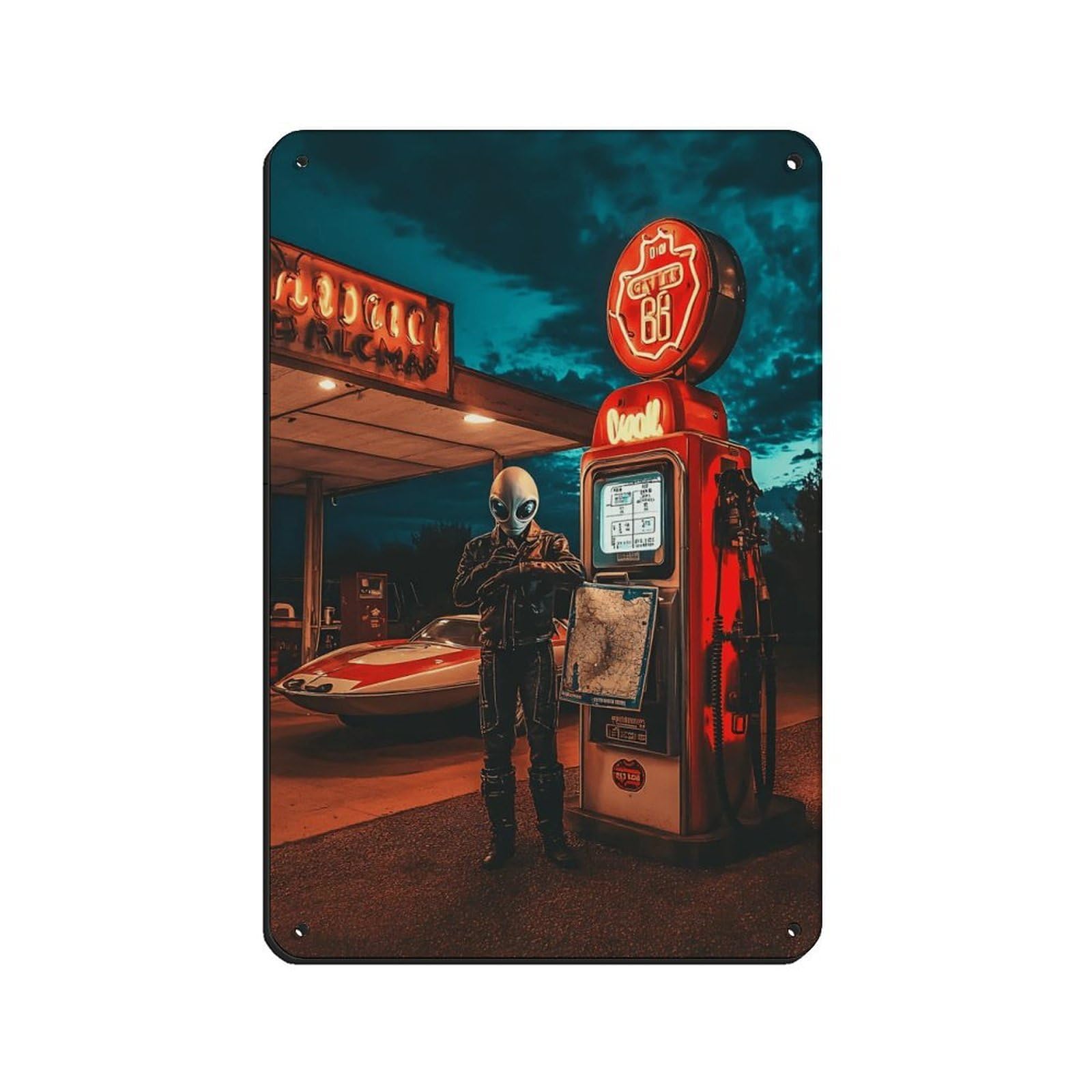 Vintage Alien Gas Station, Retro Sci-Fi Poster Tin Sign Vintage Metal Pub Club Cafe Bar Home Wall Art Decoration Poster Retro 8x12inch(20x30cm)