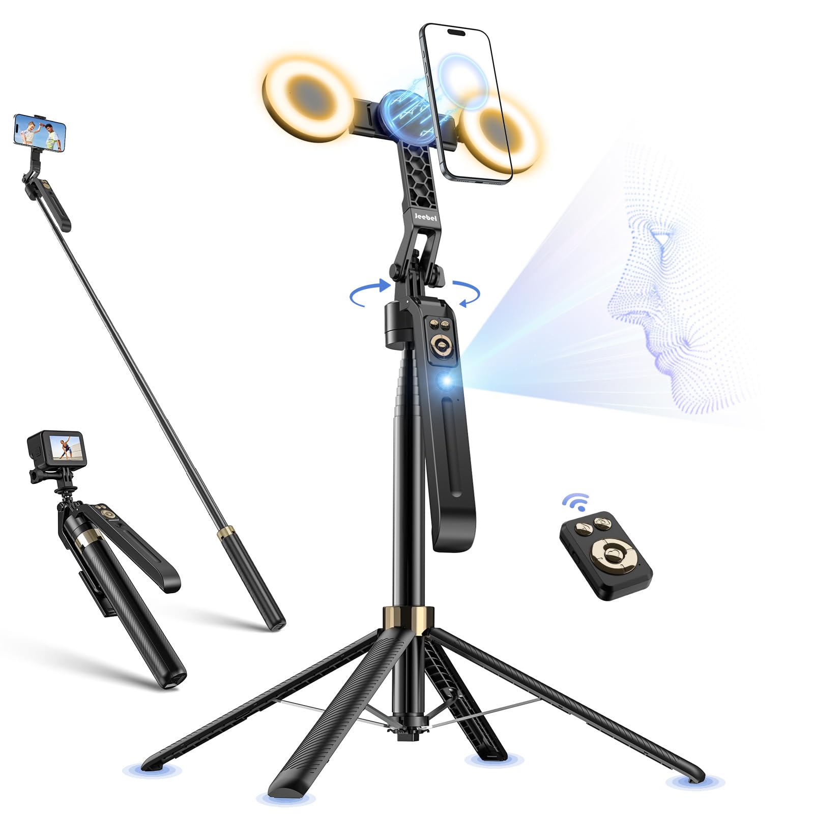 Jeebel Trépied de Suivi Automatique du Visage, 180cm Perche Magnétique pour Selfie avec Lumière LED/Commande Gestuelle/NO App/360° Rotatif, Stabilisateur de Cardan pour iPhone DSLR de Vidéo Live Vlog