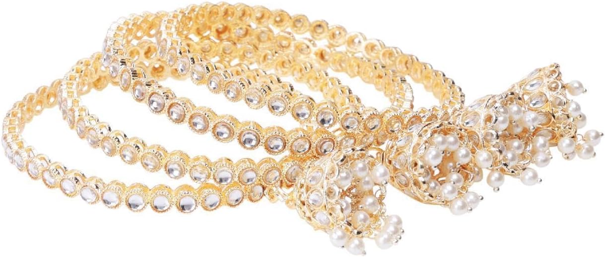 Efulgenz Indian Bangles for Women Bollywood Wedding Party Bracelet Bangles Kundan Crystal Faux Pearl Jhumka Tassel Bracelet Bangle Set Jewelry for Women (4 Pcs) - Image 6