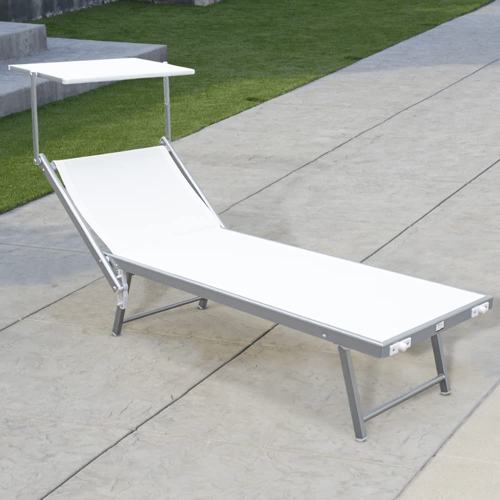 Mediawave Store - Lettino Prendisole Mare, Lettino LUXURIOUS con Parasole, Struttura Alluminio, lettino Mare Reclinabile, Giardino, Spiaggia, Piscina, Lettino Balneare 180X60X40 (Bianco)