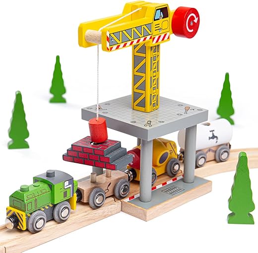 What features make the Bigjigs Rail Magnetic Yellow Wooden Crane Toy suitable for 3-year-olds?