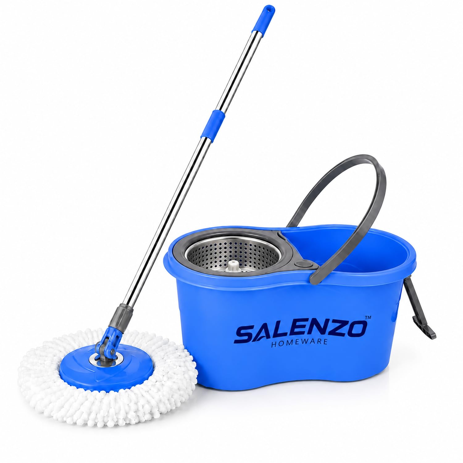 Salenzo Spin Mop with Bucket and Steel Strainer Steel Telescopic Handle Microfiber Mop Head Manual Wringer Basket 360 Degree Rotating Floor Cleaning Mop Set for Home Kitchen Bathroom Tiles-picture-28