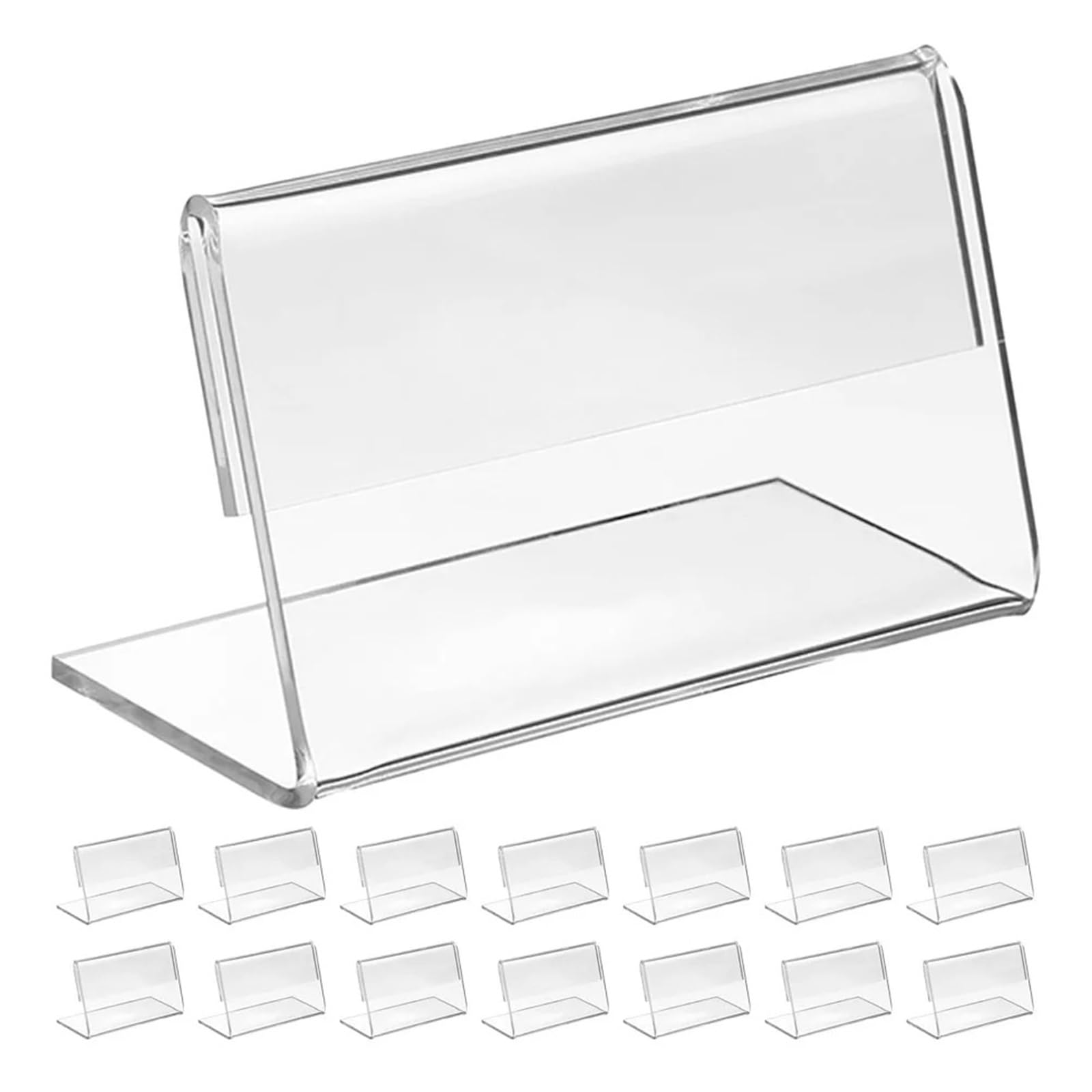 Hzomif 60Pcs L-shaped Desk Card Price Tag Racks Flyer Display Stand Food Label Holders Bag Clear up Photo Frames Acrylic Desktop Sign