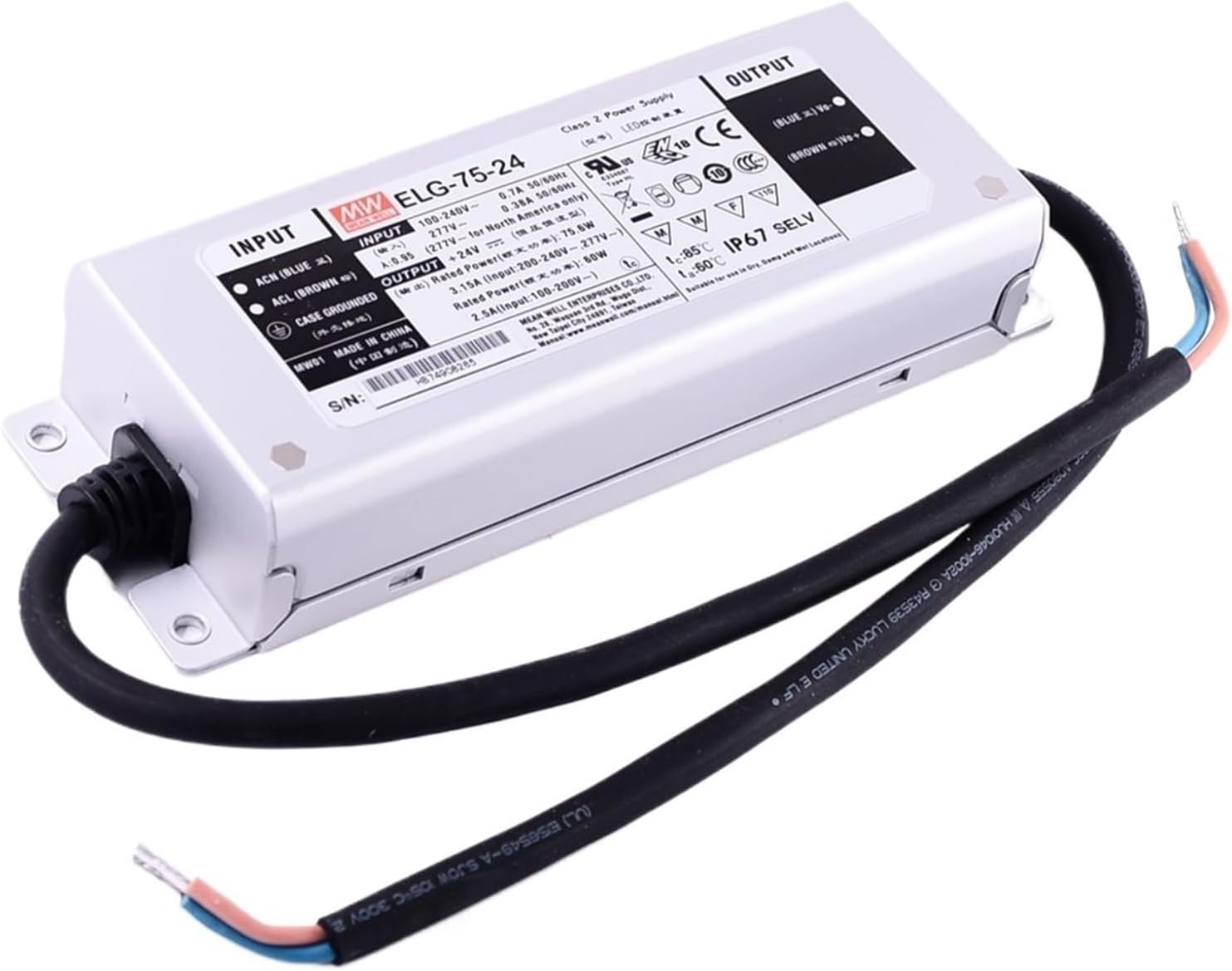 1PCS ELG-75 Series DC12V 24V 36V 42V 48V 75W IP67 Waterproof Single Output Adjustable LED Lighting Switching Power Supply(ELG-75-36B)