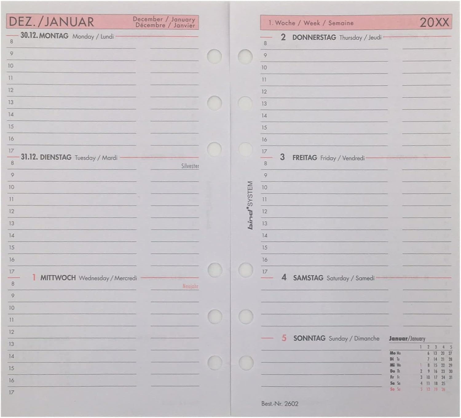B260226 Calendar Insert for Manager Calendar A6, Timer Insert for Calendar Year 2026, 1 Week / 2 Pages, Appointment Calendar with System, Calendar for Bind System Planner and Standard Time